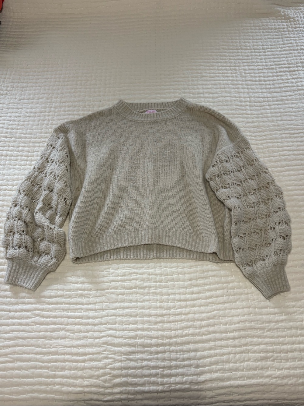 Pink Lily Cream Crewneck Sweater with Puff Knit Sleeves